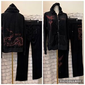 BCBG Maxazria:XL Women Black Velour Zip Hoodie & Pants Set Red Rhinestone Design